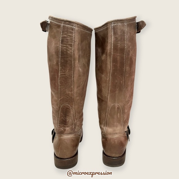 $399 Frye Veronica Slouch Tan Brown Tan Leather Engineer Moto Tall Buckle Boot - Picture 13 of 16